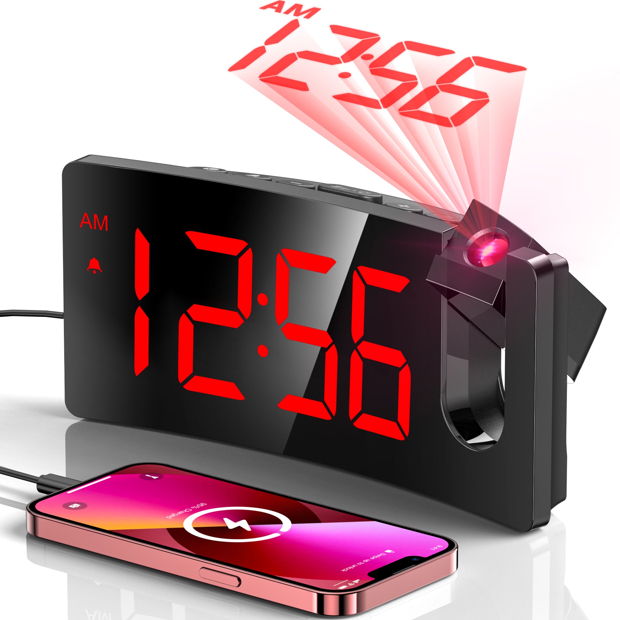GOLOZA Projection Alarm Clock, Digital Clock with 180° Rotatable Projector, 3-Level Brightness Dimmer, Clear LED Display, USB Charger, Progressive Volume, 9mins Snooze,12/24H, for Bedroom